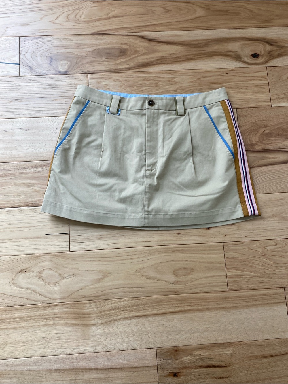Maeve Beige Mini Skirt with Blue Trim and Multicolor Side Stripe